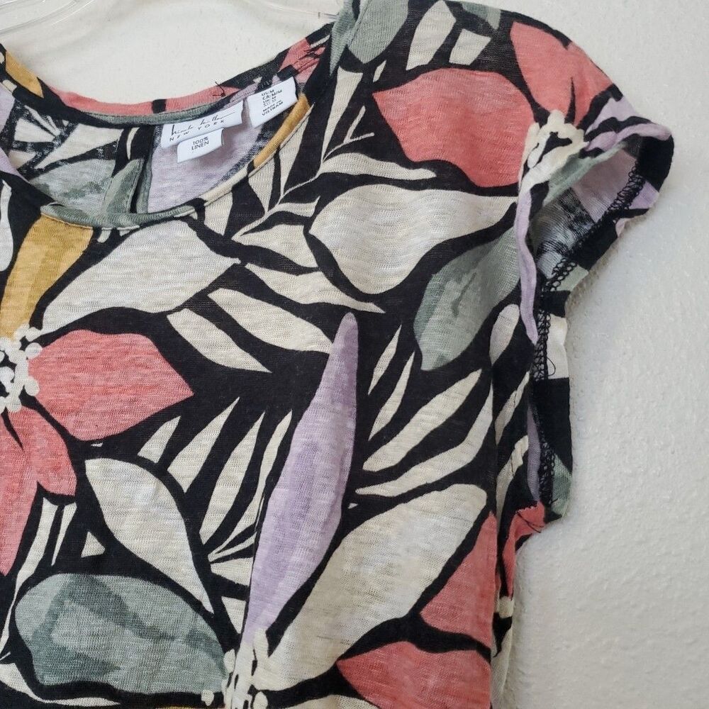 Nicole Miller Women’s Multicolor Floral Round‎ Neck Short Sleeve Linen Blouse M - Picture 5 of 16